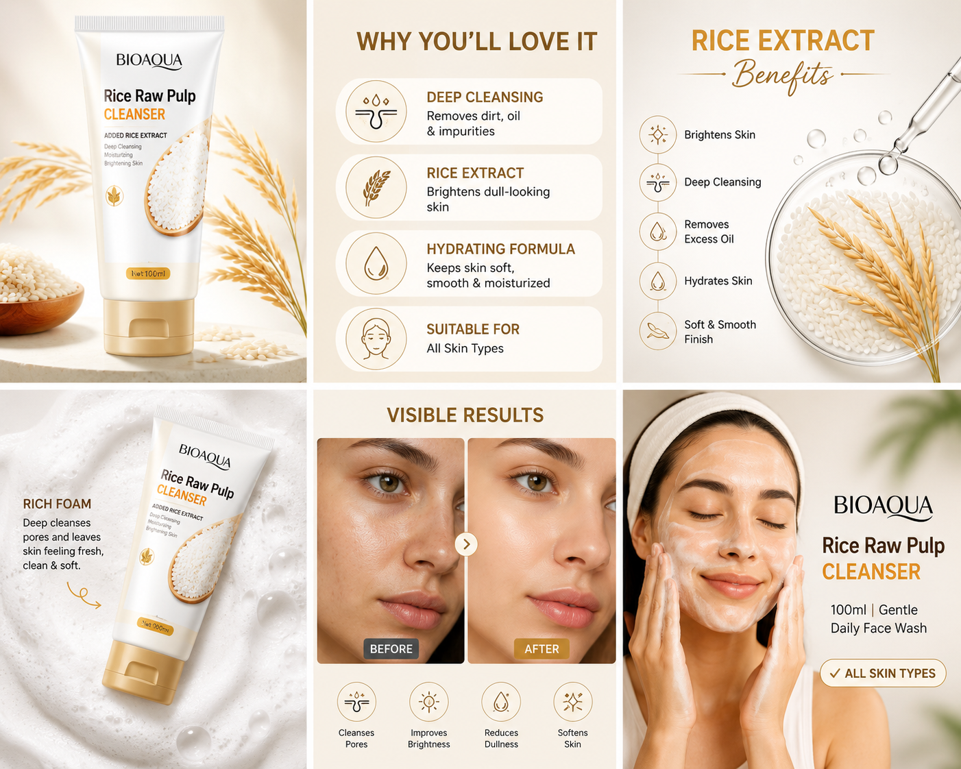 Rice Raw Pulp Facial Cleanser 100ml | Gentle Brightening Face Wash for All Skin Types