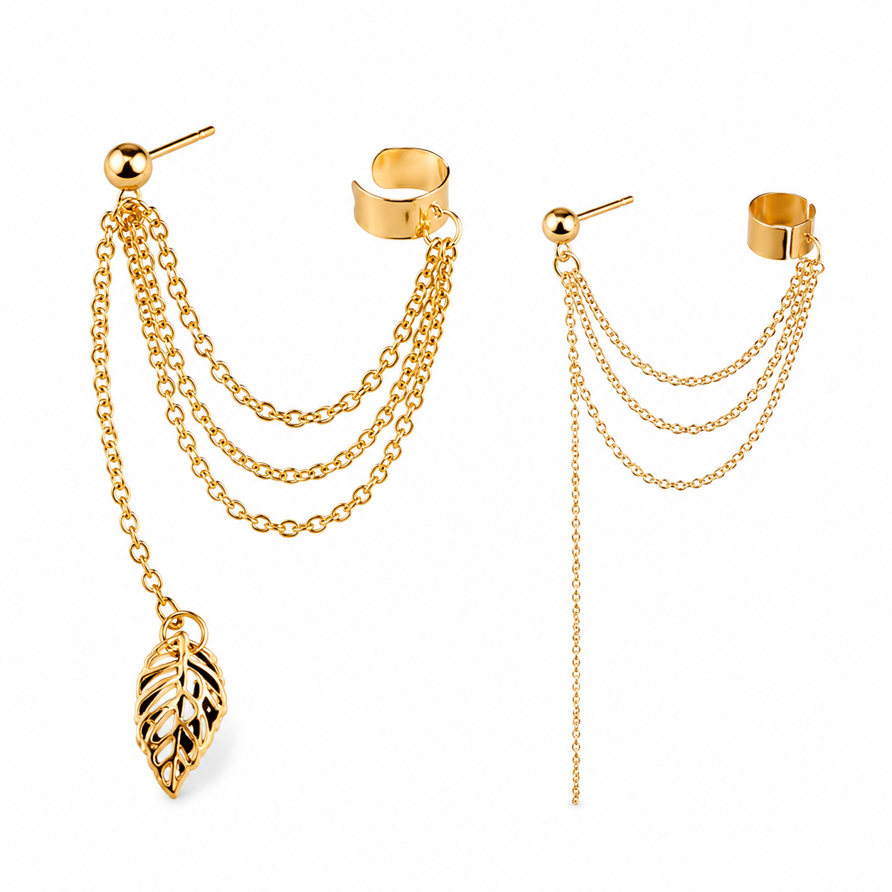 Gold & Silver Leaf Chain Ear Cuff Earrings for Women | Adjustable Clip-On Jewelry