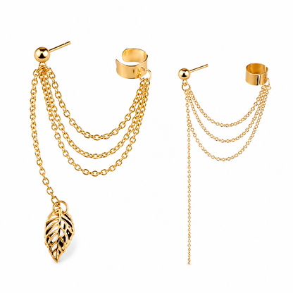 Gold & Silver Leaf Chain Ear Cuff Earrings for Women | Adjustable Clip-On Jewelry