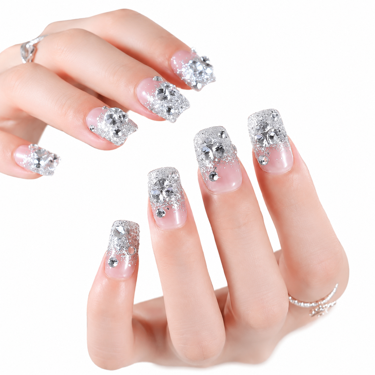 Double Size Glitter Diamond Press-On Nails – 12PCS Luxury Acrylic Fake Nails for Bridal, Party & Eid Wear