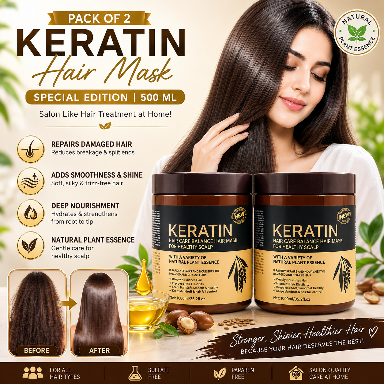 Keratin Hair Mask Pack of 2 500ml Natural Plant Essence