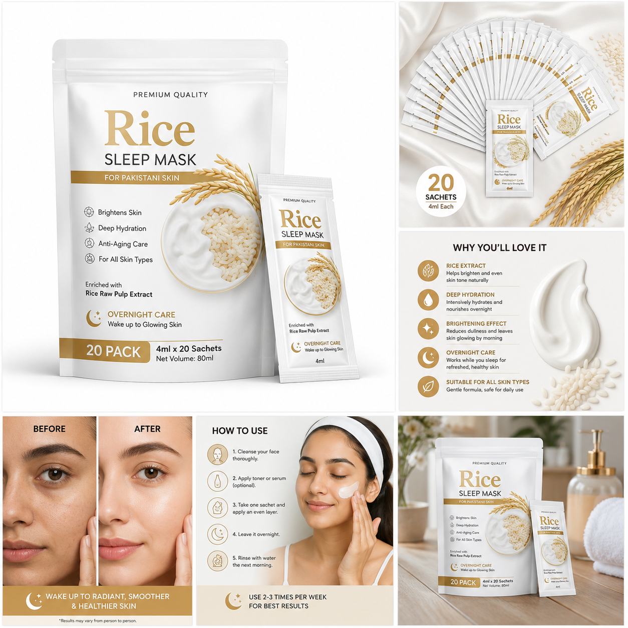 Premium Quality Rice Sleep Mask 20-Pack (4ml x 20) – Overnight Brightening & Hydration