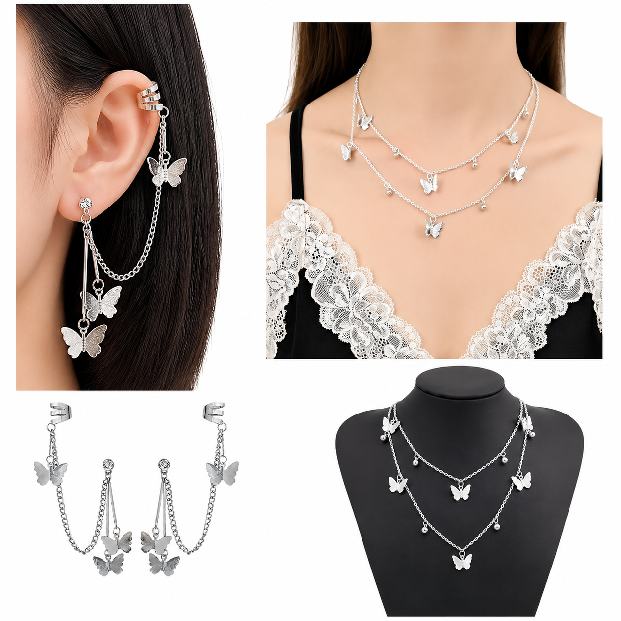 Silver Butterfly Necklace & Earrings Set for Women | Elegant Jewelry Set