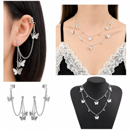 Silver Butterfly Necklace & Earrings Set for Women | Elegant Jewelry Set