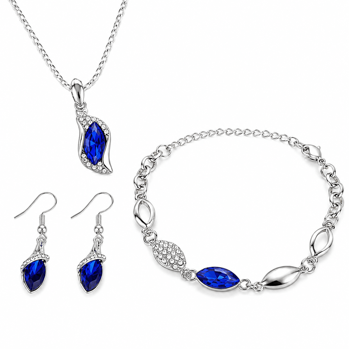 Blue Crystal Jewelry Set for Women Silver Tones