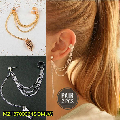 Gold & Silver Leaf Chain Ear Cuff Earrings for Women | Adjustable Clip-On Jewelry