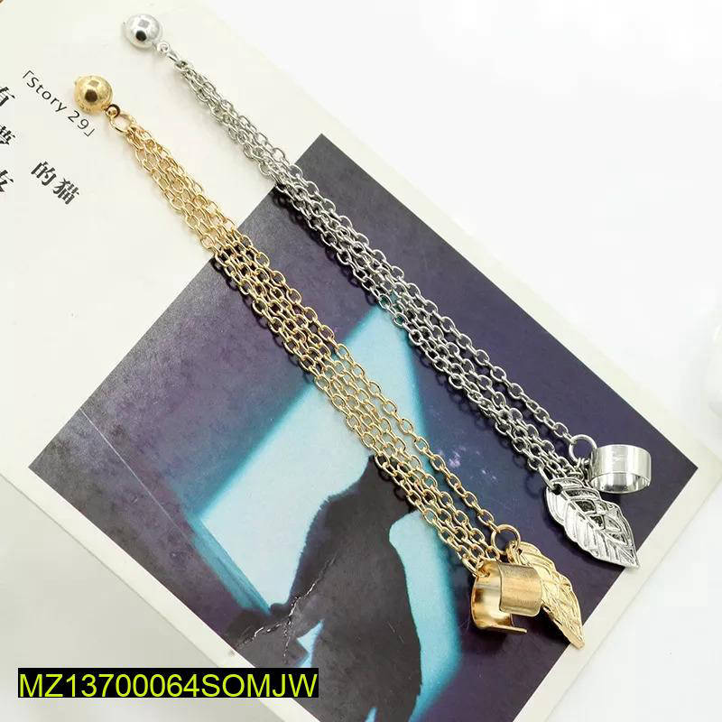 Gold & Silver Leaf Chain Ear Cuff Earrings for Women | Adjustable Clip-On Jewelry