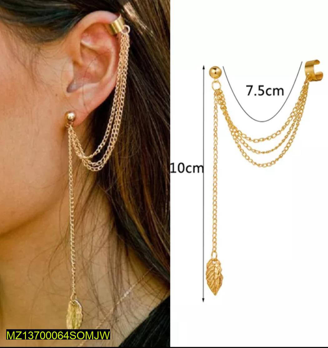 Gold & Silver Leaf Chain Ear Cuff Earrings for Women | Adjustable Clip-On Jewelry