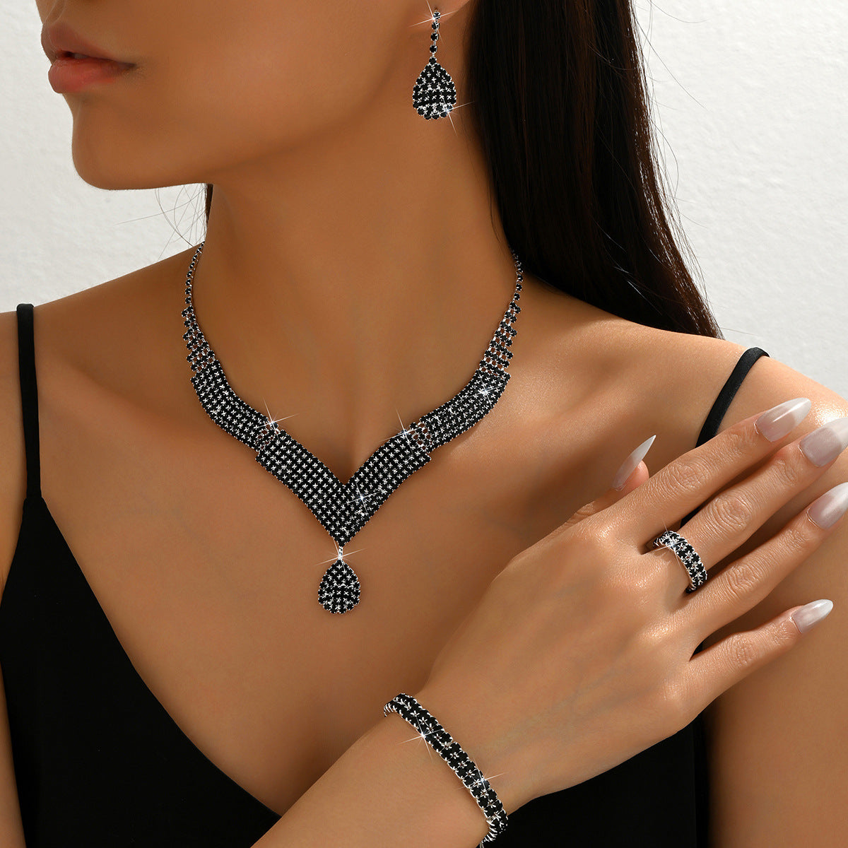 Modern Teardrop Jewelry Set for Women – 4 Piece Necklace, Earrings, Bracelet & Ring