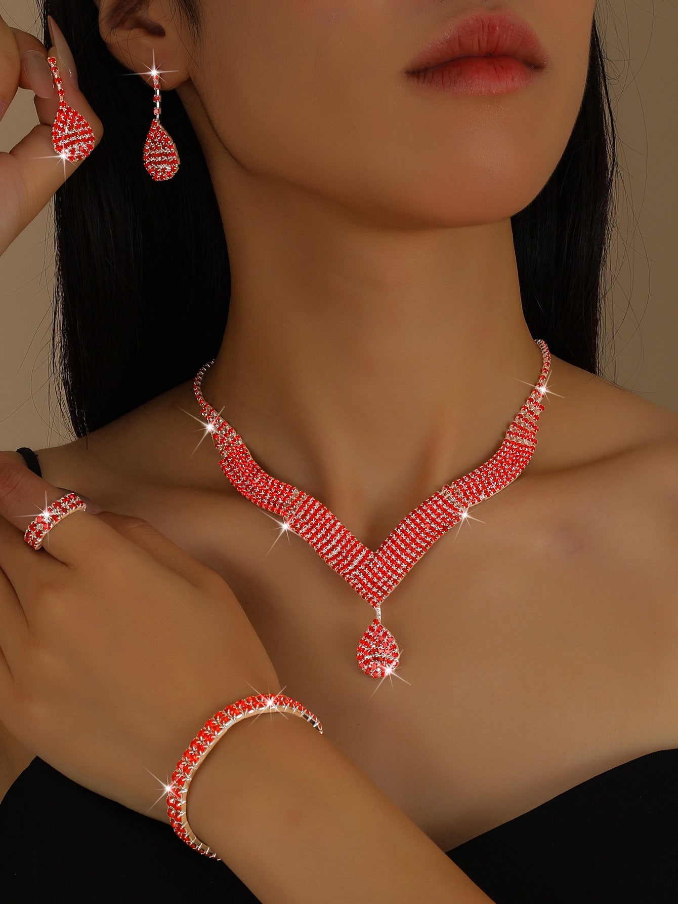 Modern Teardrop Jewelry Set for Women – 4 Piece Necklace, Earrings, Bracelet & Ring