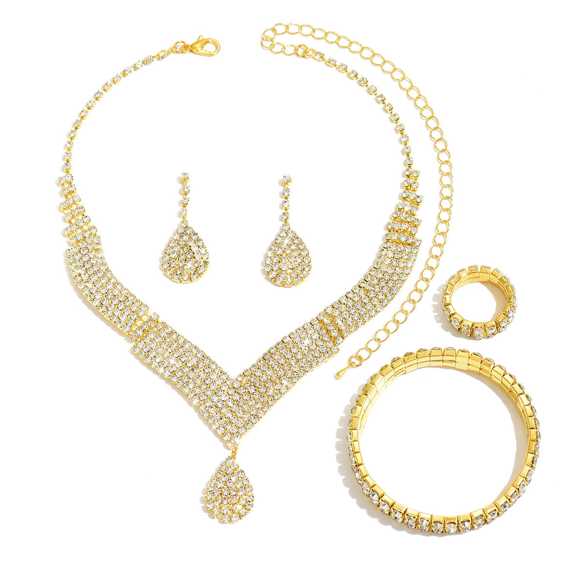 Modern Teardrop Jewelry Set for Women – 4 Piece Necklace, Earrings, Bracelet & Ring