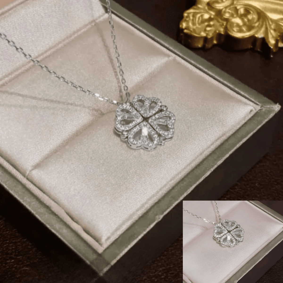 4-Leaf Clover Magnetic Heart Necklace – Gold & Silver